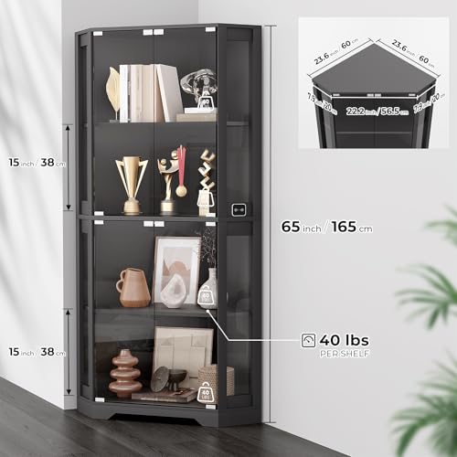 65-Inch Corner Curio Cabinet with LED Lights and Motion Sensor, 4-Tier