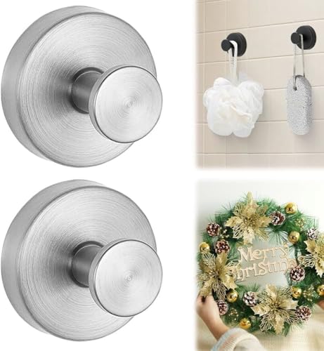 Heavy-Duty Stainless Steel Suction Cup Hooks for Wreaths - 2 Pack, Silver