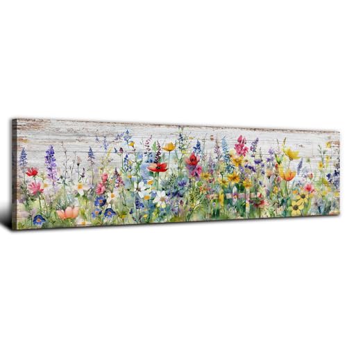 Rustic Wildflower Wall Art, 14x48 Inch Farmhouse Floral Canvas Print