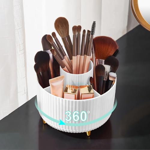 Diesisa White Rotating Makeup Brush Organizer with 5 Slots, 360° Spin Cosmetic Storage