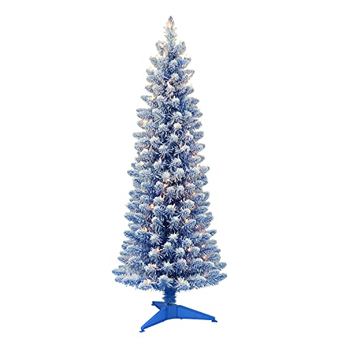 4.5' Flocked Blue Artificial Christmas Tree with 100 Clear Lights, Puleo International Pre-Lit