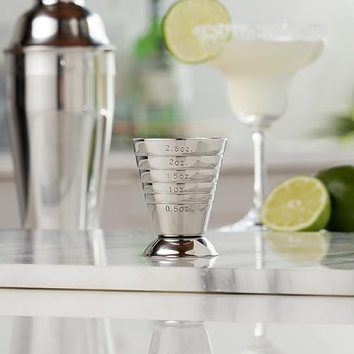 TRUE Trio Multi-Unit Drink Measure - Stainless Steel Jigger with Oz, Ml, & Tbsp Markings, 2.5oz Barware