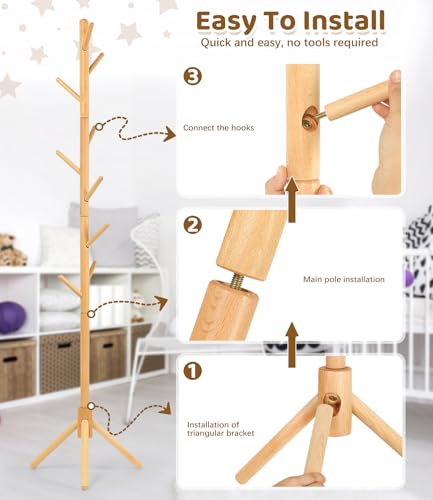 Adjustable Beech Wood Kids Coat Rack - 9-Hook Freestanding Clothing Stand