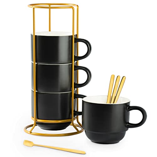Black Stackable Coffee Mug Set of 4 with Stand & Spoons - 11oz