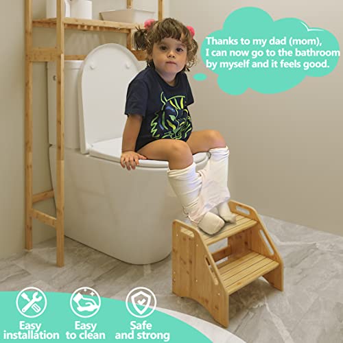 Bamboo 2-Step Stool for Kids & Toddlers with Handles and Non-Slip Pads