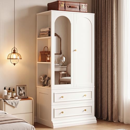 71-Inch Freestanding Wardrobe Closet with Full-Length Mirror and Drawers