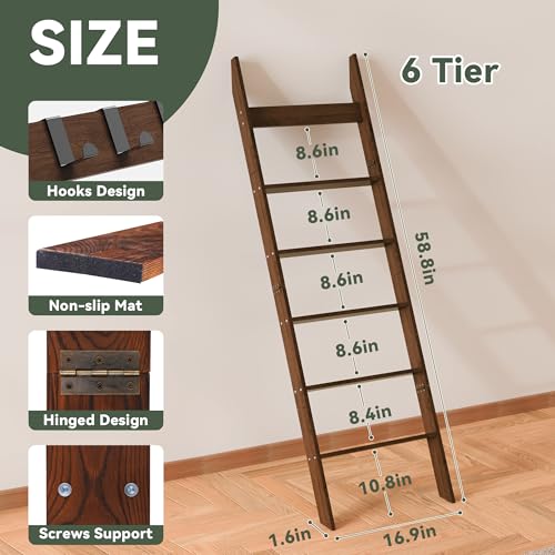 6-Tier Pine Wood Blanket Ladder, Rustic Quilt Rack with Hooks