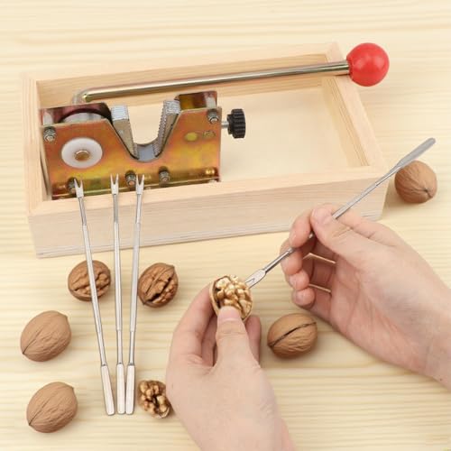 Heavy Duty Nut Cracker Set with Wooden Base & 4 Stainless Steel Picks - Adjustable Lever Nutcracker for All Nuts
