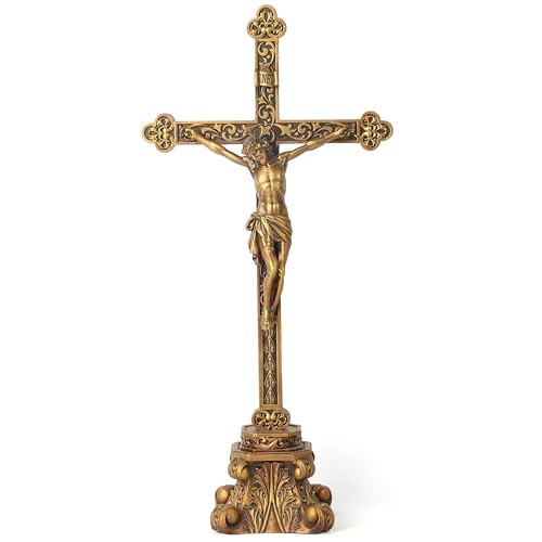 Standing Crucifix for Altar, 14.7-Inch Resin Tabletop Cross Decor