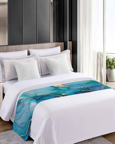 Teal & Gold Marble Bed Runner Scarf - Modern Cal King Decor (102"x20")
