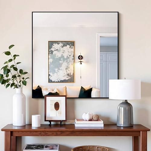 30x30 Inch Black Metal Wall Mirror, Rectangular Modern Vanity Mirror