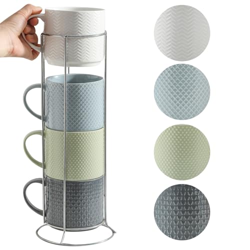 HASENSE Multicolor 15 oz Ceramic Coffee Mug Set with Metal Stand, Stackable Latte Cups for Tea & Cappuccino