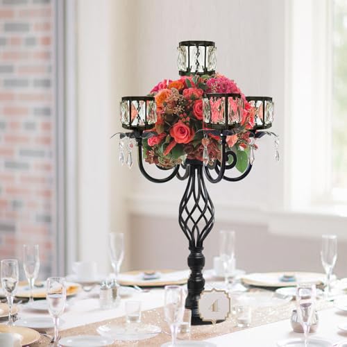 Black 23.2 Inch Tall Elegant 5-Arm Crystal Candle Candelabra Wedding Table Centerpiece