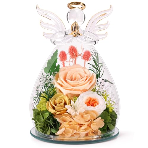 Preserved Rose in Glass Angel Figurine with LED Light - Forever Flower Gift