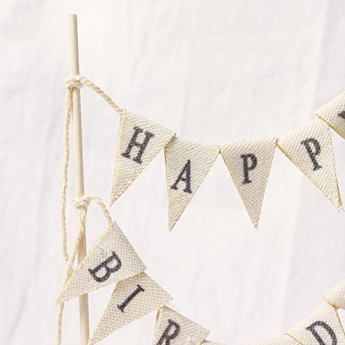 Happy Birthday Cake Topper - Reusable Ivory Cotton Banner Decoration