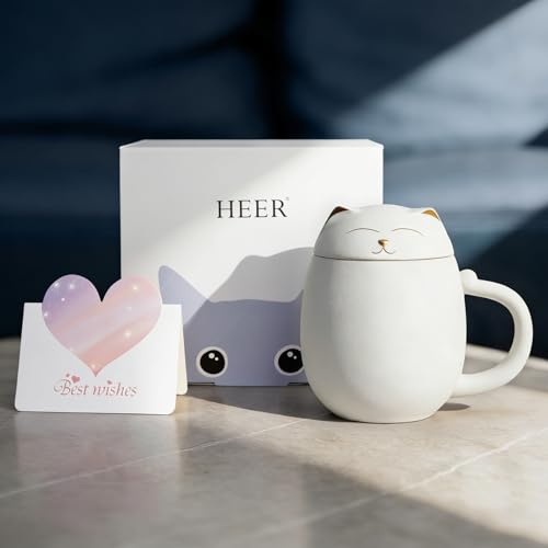 White HEER Cat Ceramic Tea Mug 13.5oz with Infuser & Lid - Cute Cat Design