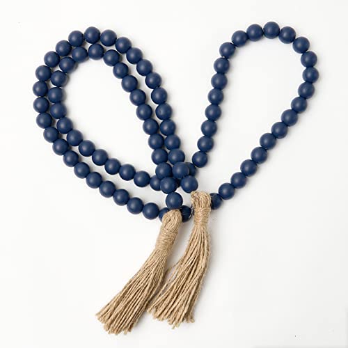 59-Inch Navy Blue Wood Bead Garland with Tassels, Rustic Farmhouse Decor