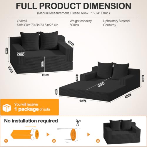 Convertible Corduroy Loveseat Sofa Bed, Folding Floor Sleeper Couch