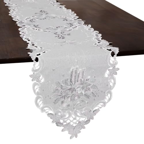 Grelucgo Silver Embroidered Christmas Table Runner with Poinsettia & Scalloped Border