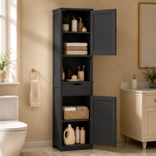 Walsunny Tall Bathroom Storage Cabinet with 6 Adjustable Shelves - Black / 1 Drawer