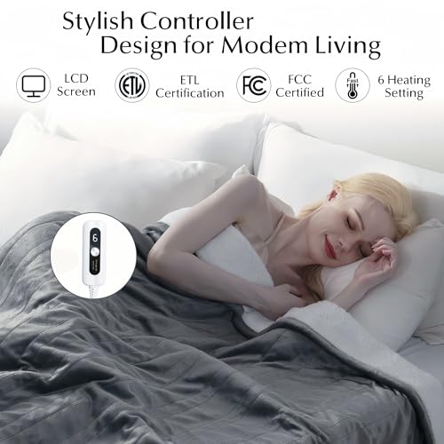 Electric Heated Blanket Throw, Soft Flannel & Sherpa, 50" x 60"