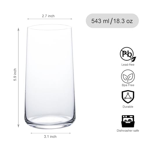 Set of 6 Large Crystal Drinking Glasses, 18.3 oz Highball Glassware