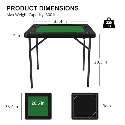 35.4-Inch Folding Mahjong Table with Green Felt, Cup Holders & Chip Trays