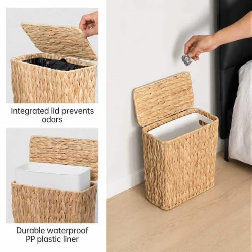 3 Gallon Natural Wicker Bathroom Trash Can with Lid & Removable Bin