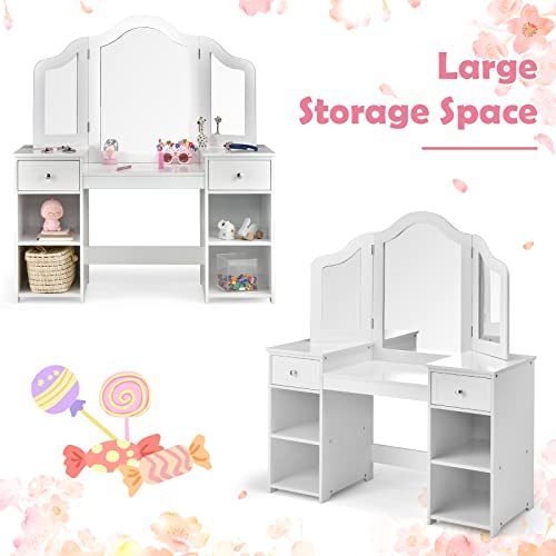 Kids Vanity Table and Chair Set with Tri-Folding Mirror and Storage