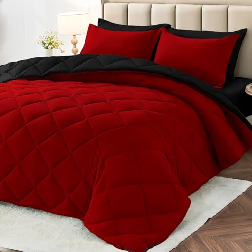 7-Piece Reversible Queen Comforter Set - All Season Bed in a Bag, Red & Black