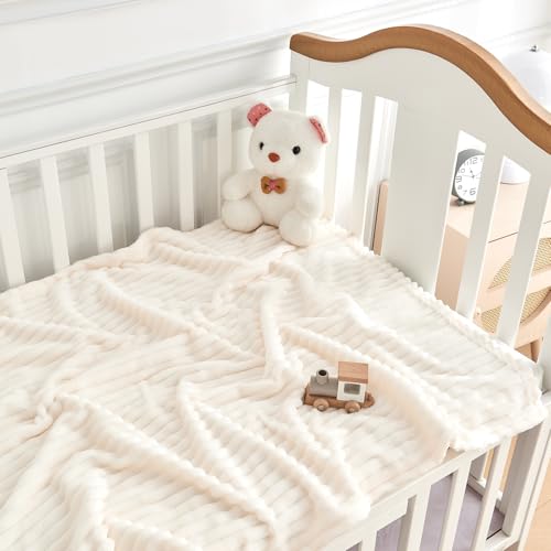 Soft Fleece Baby Blanket - Reversible Striped Infant Blanket, 30x40 Inch, Cream