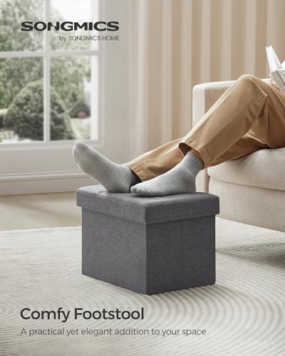 Small Folding Storage Ottoman Footrest Stool, Tufted Fabric - Dark Gray
