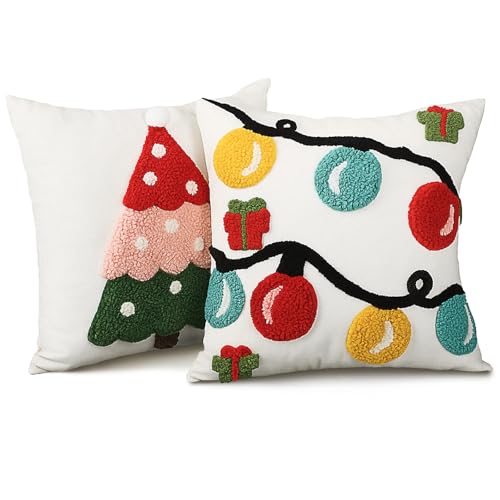 Beeveer 2 Pcs Christmas Jacquard Throw Pillow Covers 18 x 18 in - Tree & Lantern 3D Embroidery