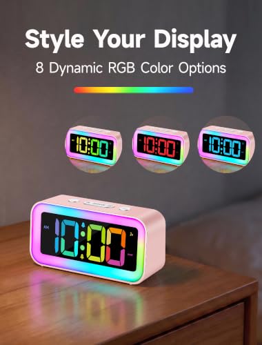 Cute Pink Digital Alarm Clock with RGB Night Light & USB Charger