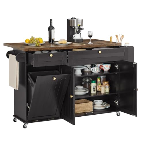 Rolling Kitchen Island Cart with Drop Leaf, Power Outlet & Trash Can Storage