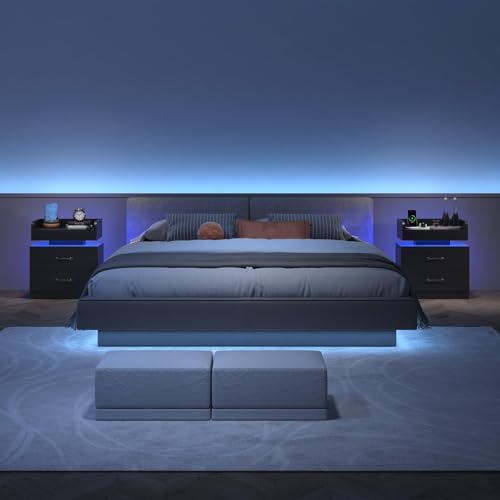 Modern LED Nightstand with Charging Station and 2 Drawers, Black