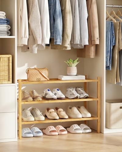 3-Tier Bamboo Shoe Rack, Stackable Modular Shoe Organizer Shelf