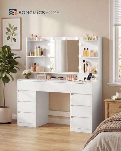 Modern Vanity Desk with Mirror, Lights, and 9 Drawers - White