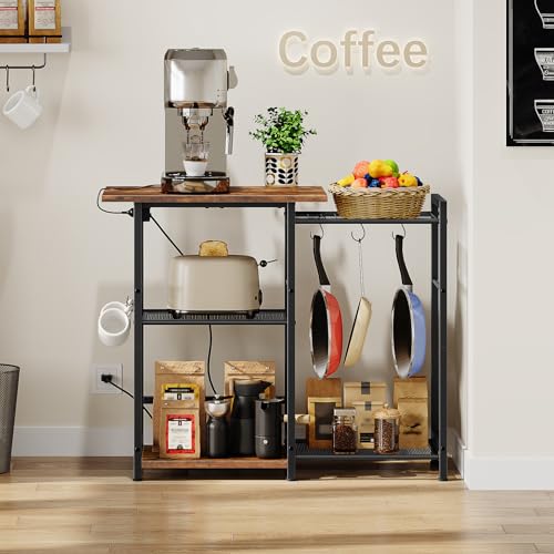 Bakers Rack with Power Outlet, Microwave Stand and Coffee Bar with 6 Hooks