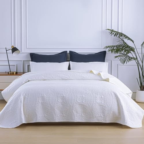 SheRest Queen Quilt Bedding Set - 3-Piece Lightweight White Coverlet