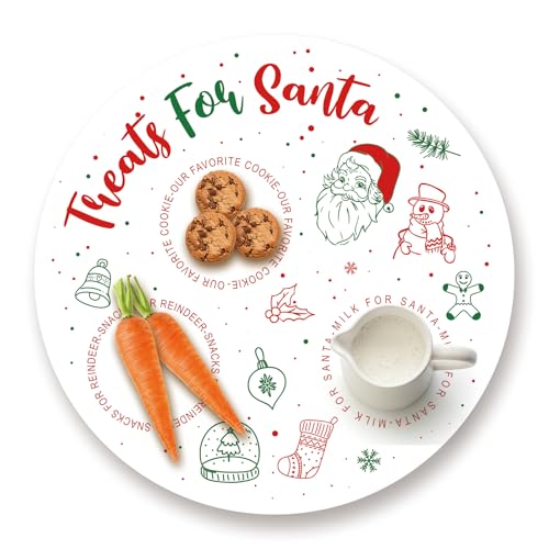 Santa Treat Round Wood Platter 10in Christmas Serving Tray for Snacks & Milk