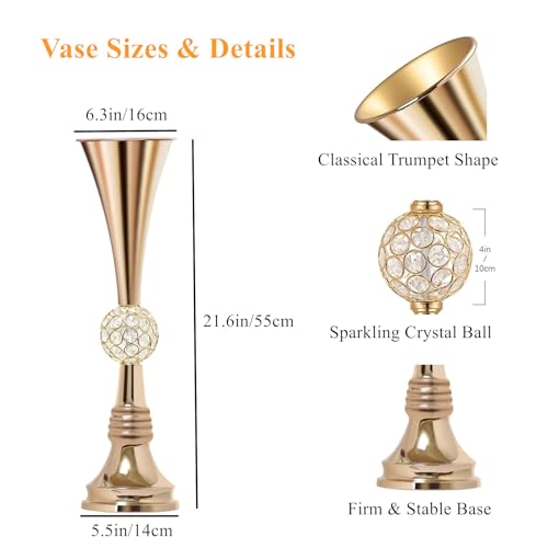 Crystal Gold Flower Vases 21.6in Trumpet Table Centers - Gold / 2pcs