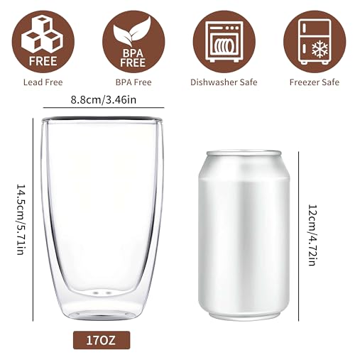 MESNEY 17oz Double Walled Insulated Glass Coffee Mug - Clear Latte Cup