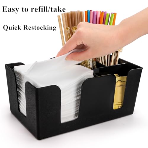 Tebery Black Plastic Bar Caddy 3 Pack with 6 Compartments - Refillable Organizer for Napkins, Straws, Utensils, Model Black-3