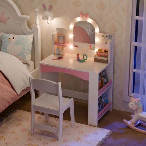 Kids Vanity Table and Chair Set with LED Mirror and Storage, White