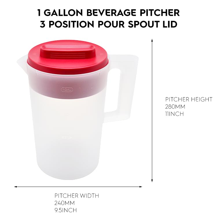 1 Pack 1 Gallon 4 Quarts Plastic Beverage Pitcher Clear Body & Red Lid, 3 Position Pour Spout Lid for Water Tea and Drinks