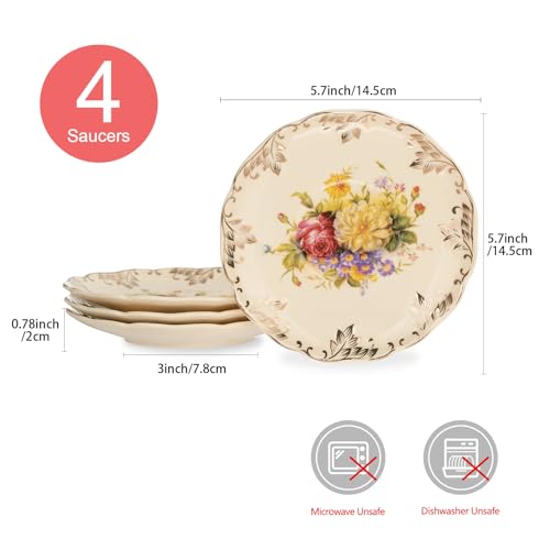 YOLIFE Floral Porcelain Tea Saucer Set of 4, 5.8 Inch Elegant Vintage Tea Plates