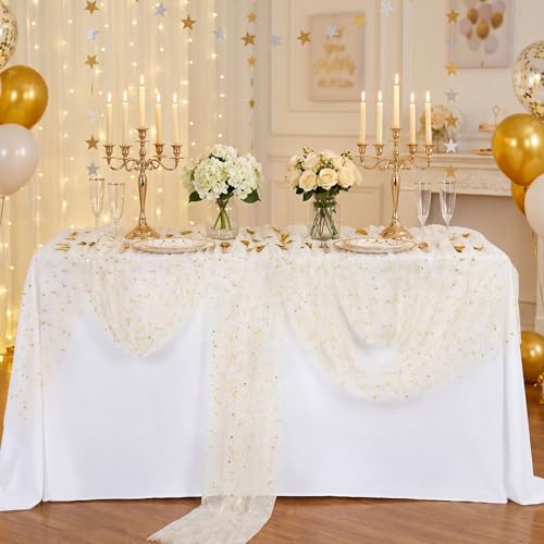 Beige Gold Gauze Table Runner 10ft with Metallic Foil Sparkle – 3pcs, 29x120