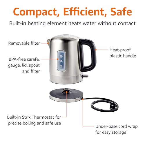 1L Electric Stainless Steel Kettle, Fast Boiling 1500W Tea & Coffee Maker