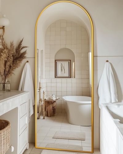 59" x 18" Arched Full Length Floor Mirror with Stand, Gold Aluminum Frame